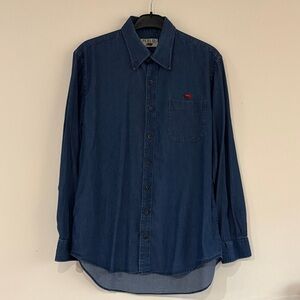 Men Classic Blue Denim Button-Down Shirt with signature Crawfish embroidery